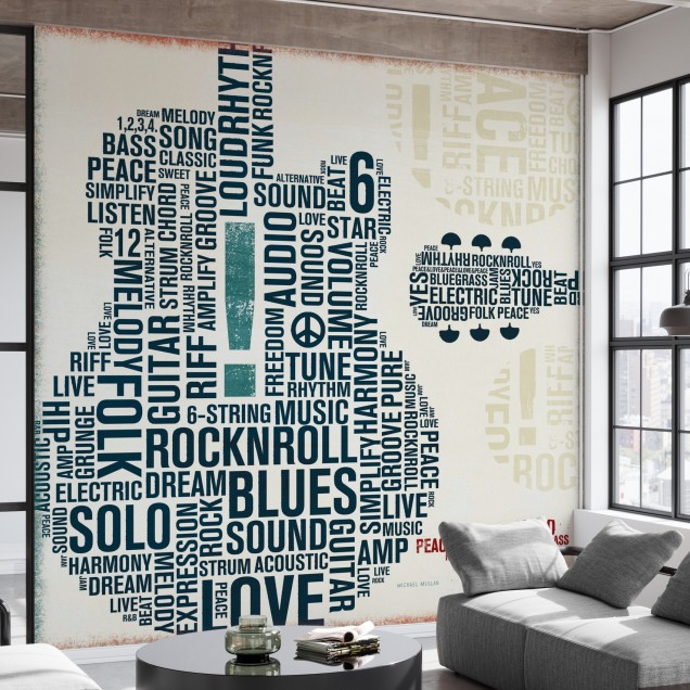 Tapet cu chitară electrică formată din cuvinte din lumea muzicii. Design industrial chic cu vibe energic.