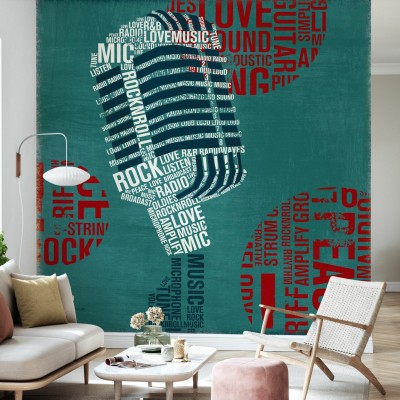 Wallpaper cu design modern cu microfon format din cuvinte legate de muzică, pe un fundal verde turcoaz.
