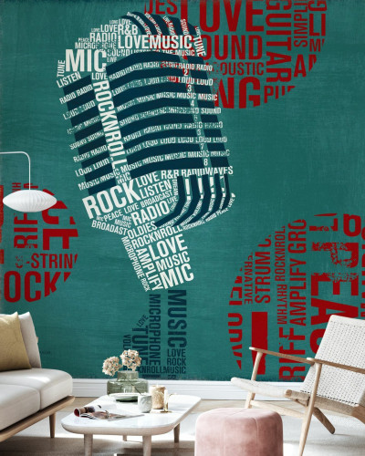 Wallpaper cu design modern cu microfon format din cuvinte legate de muzică, pe un fundal verde turcoaz.