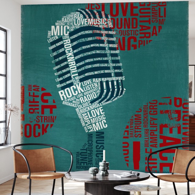 Wallpaper cu design modern cu microfon format din cuvinte legate de muzică, pe un fundal verde turcoaz.