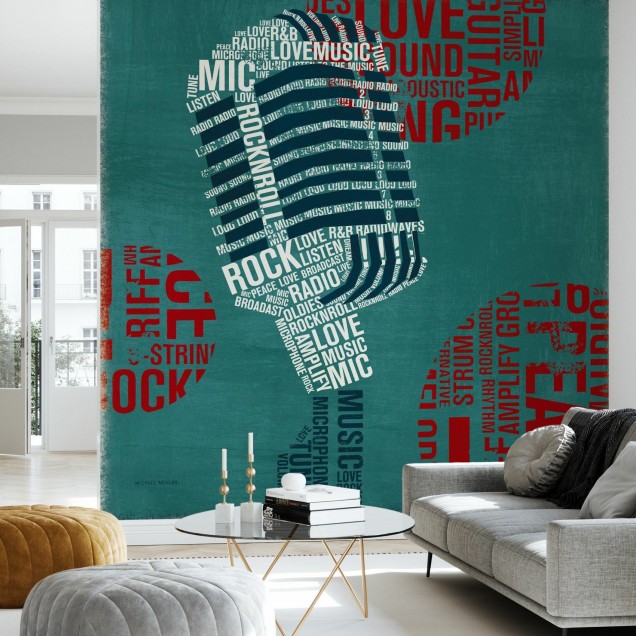 Wallpaper cu design modern cu microfon format din cuvinte legate de muzică, pe un fundal verde turcoaz.