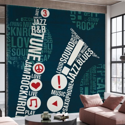 Tapet cu design abstract inspirat de muzică. Cuvintele tapetului se îmbină perfect, creând un efect vizual deosebit.  Culorile tapetului sunt vibrante și adaugă un strop de energie oricărei încăperi.
