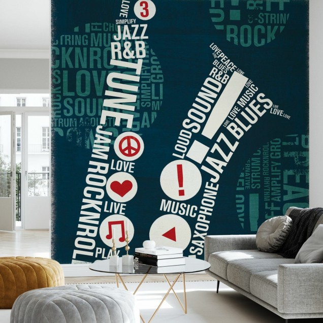 Tapet cu design abstract inspirat de muzică. Cuvintele tapetului se îmbină perfect, creând un efect vizual deosebit.  Culorile tapetului sunt vibrante și adaugă un strop de energie oricărei încăperi.