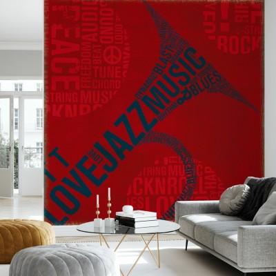 Tapet cu design modern - Trompeta muzicala, tapet rosu cu cuvinte referitoare la muzica, tapet pentru living sau dormitor