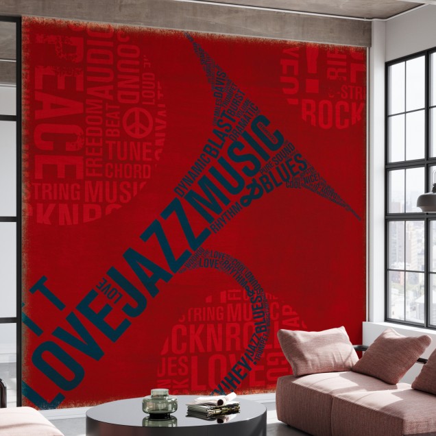 Tapet cu design modern - Trompeta muzicala, tapet rosu cu cuvinte referitoare la muzica, tapet pentru living sau dormitor