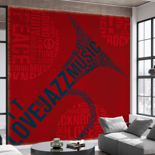 Tapet cu design modern - Trompeta muzicala, tapet rosu cu cuvinte referitoare la muzica, tapet pentru living sau dormitor