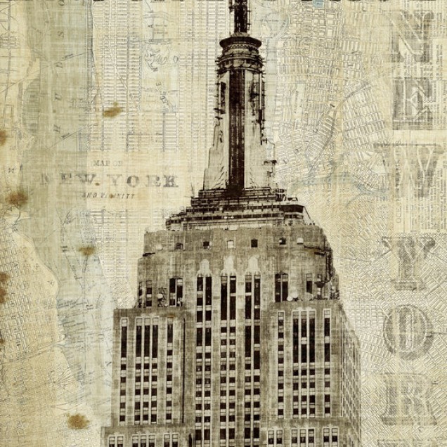 Tapet vintage cu Empire State Building pe un fundal cu harta New York-ului