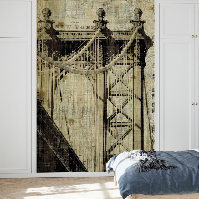 Tapet Vintage New York Manhattan Bridge, cu o imagine a podului Manhattan în stil vintage.