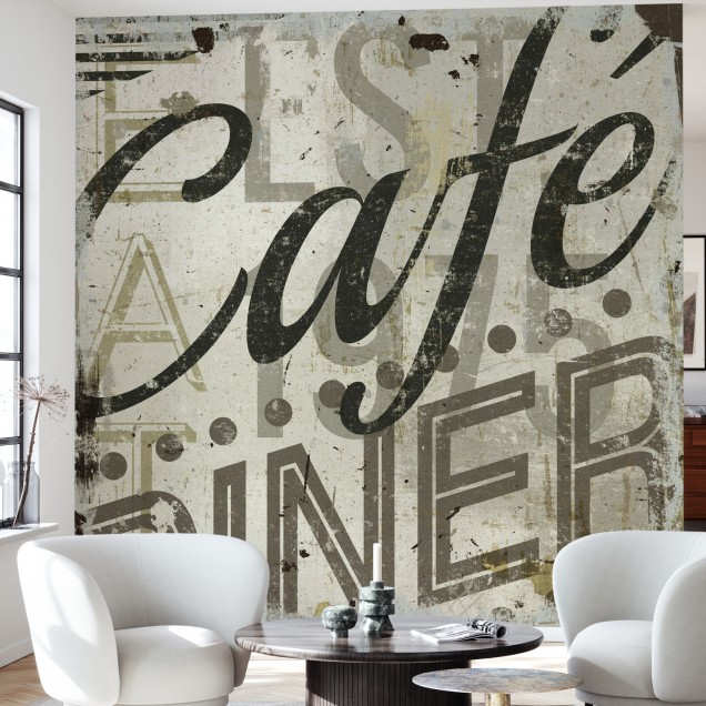 Tapet Restaurant Sign II, cu un design grafic, litere mari și textură vintage, pentru un aspect modern și urban.