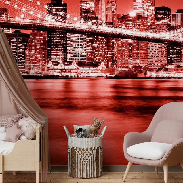 Fototapet cu podul Brooklyn în nuanțe de roșu