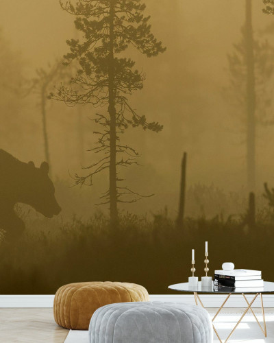 Bear in Morning Fog wallpaper, un urs intr-o padure cu ceață dimineata.