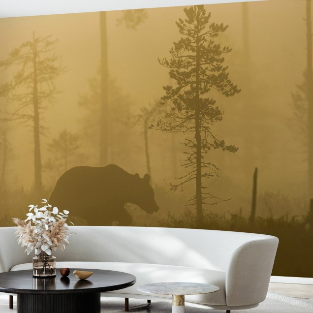 Bear in Morning Fog wallpaper, un urs intr-o padure cu ceață dimineata.