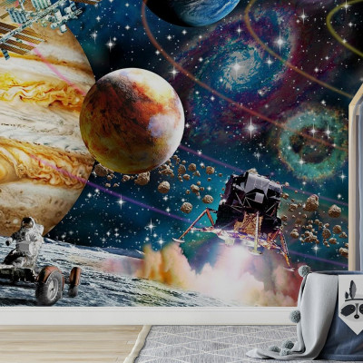 Tapet Space Odyssey: Imaginea prezintă o stație spațială, o navă spațială care decolează, asteroizi, stele, nebuloase și planete.