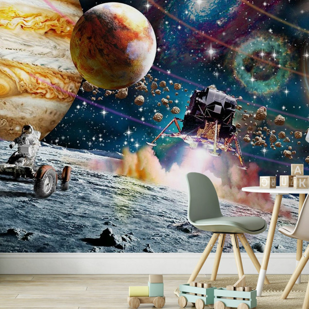 Tapet Space Odyssey: Imaginea prezintă o stație spațială, o navă spațială care decolează, asteroizi, stele, nebuloase și planete.