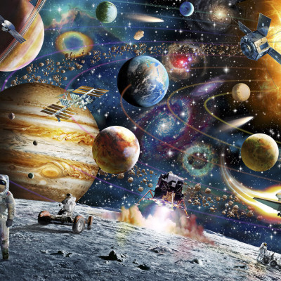 Tapet Space Odyssey: Imaginea prezintă o stație spațială, o navă spațială care decolează, asteroizi, stele, nebuloase și planete.