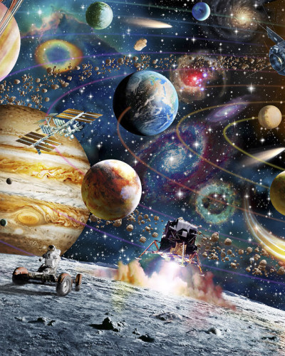 Tapet Space Odyssey: Imaginea prezintă o stație spațială, o navă spațială care decolează, asteroizi, stele, nebuloase și planete.