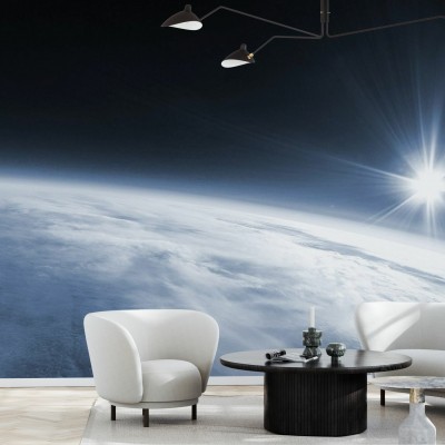 Tapet foto cu imagine din spațiu, Pământul văzut din exterior cu soarele strălucind în fundal, decor modern pentru living.