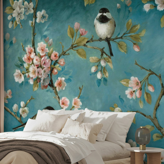 Tapet cu flori și păsări Blossom, decor floral, natură, relaxare, eleganță, design modern, living