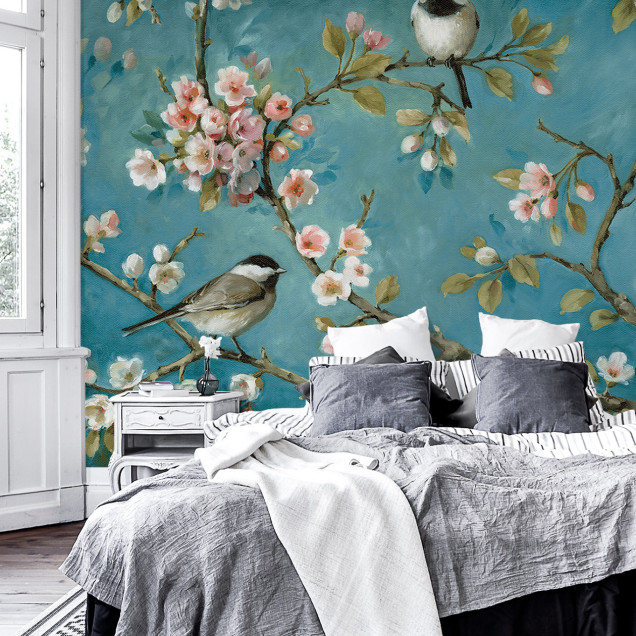Tapet cu flori și păsări Blossom, decor floral, natură, relaxare, eleganță, design modern, living