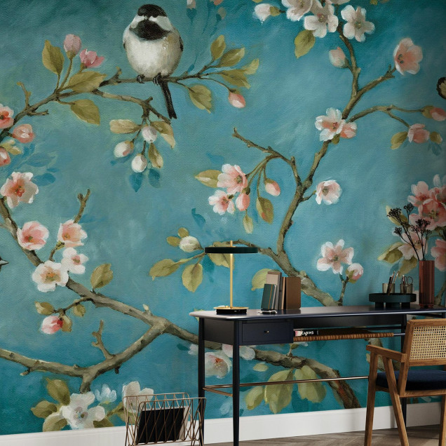 Tapet cu flori și păsări Blossom, decor floral, natură, relaxare, eleganță, design modern, living