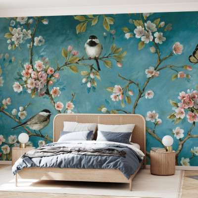 Tapet cu flori și păsări Blossom, decor floral, natură, relaxare, eleganță, design modern, living
