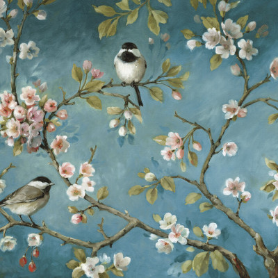 Tapet cu flori și păsări Blossom, decor floral, natură, relaxare, eleganță, design modern, living