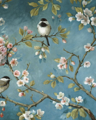 Tapet cu flori și păsări Blossom, decor floral, natură, relaxare, eleganță, design modern, living