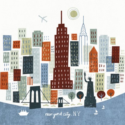 Wallpaper Colorful New York, ilustrând clădirile impunătoare ale orașului New York, inclusiv celebra Statuie a Libertății.