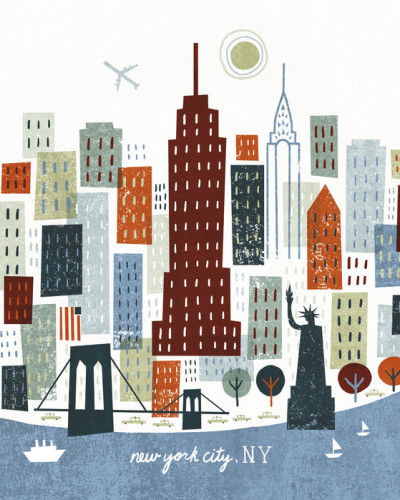 Wallpaper Colorful New York, ilustrând clădirile impunătoare ale orașului New York, inclusiv celebra Statuie a Libertății.