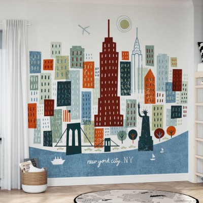 Wallpaper Colorful New York, ilustrând clădirile impunătoare ale orașului New York, inclusiv celebra Statuie a Libertății.