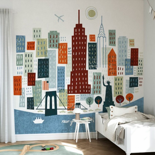 Wallpaper Colorful New York, ilustrând clădirile impunătoare ale orașului New York, inclusiv celebra Statuie a Libertății.