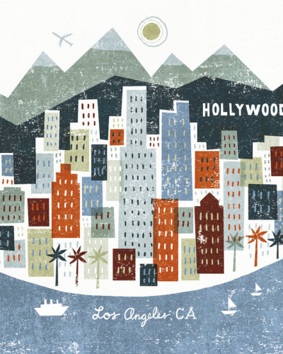 Tapet cu design urban din Los Angeles, cu clădiri colorate și palmieri.