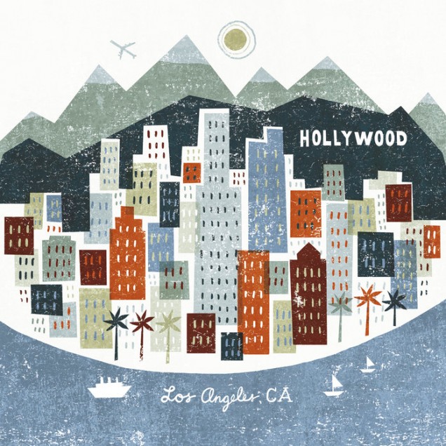 Tapet cu design urban din Los Angeles, cu clădiri colorate și palmieri.