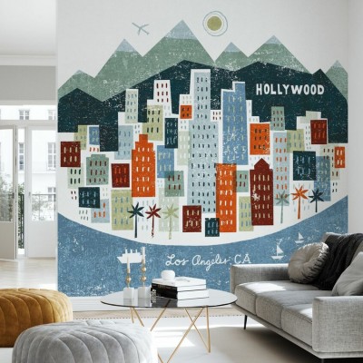 Tapet cu design urban din Los Angeles, cu clădiri colorate și palmieri.