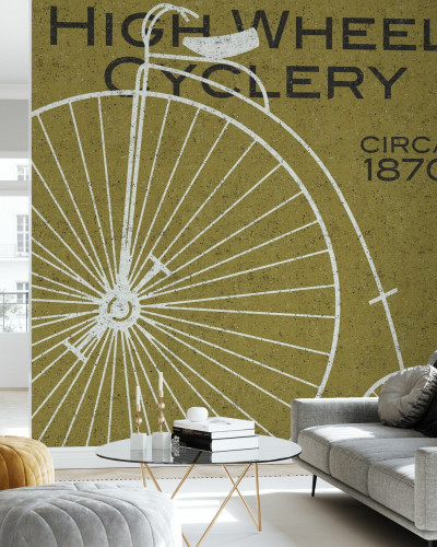 Tapet vintage cu o bicicletă High Wheel Cyclery.