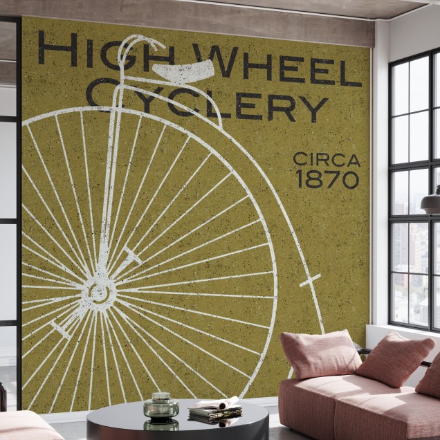 Tapet vintage cu o bicicletă High Wheel Cyclery.