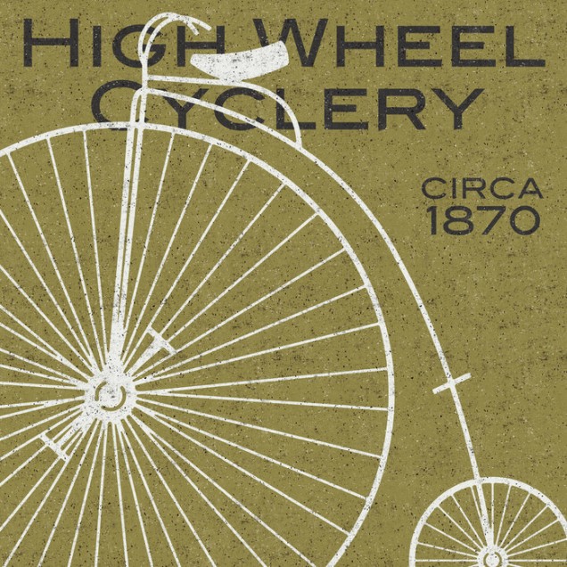 Tapet vintage cu o bicicletă High Wheel Cyclery.