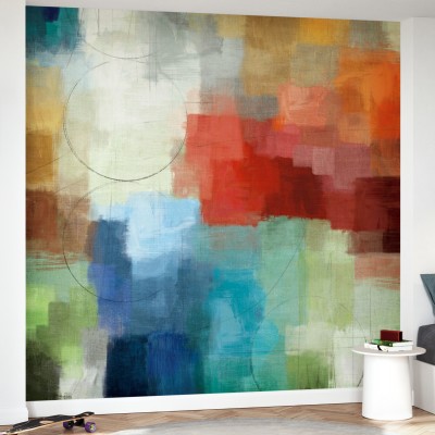 Tapet Seasons cu un design abstract modern, cu nuanțe vibrante de verde, albastru, roșu și galben.