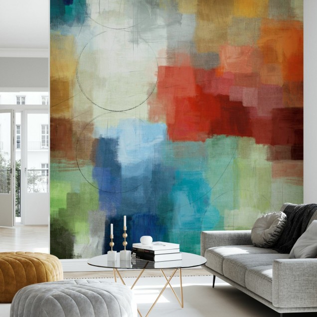 Tapet Seasons cu un design abstract modern, cu nuanțe vibrante de verde, albastru, roșu și galben.