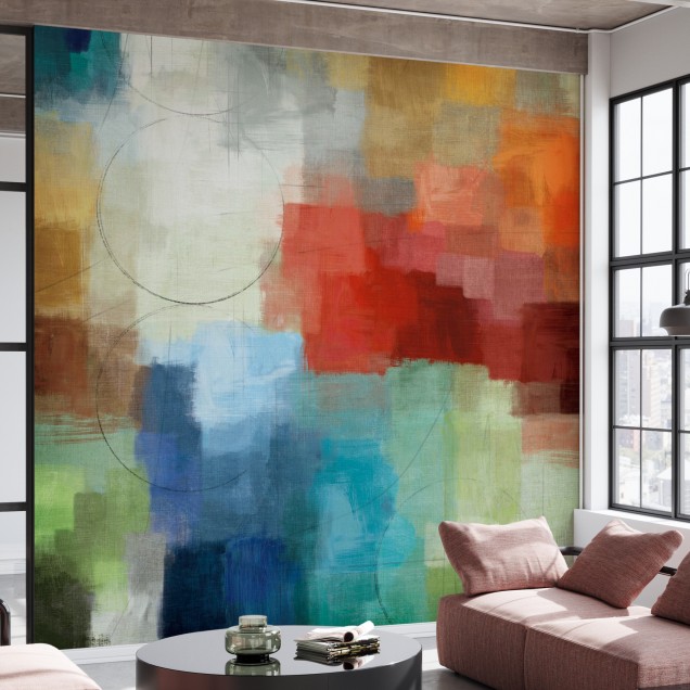 Tapet Seasons cu un design abstract modern, cu nuanțe vibrante de verde, albastru, roșu și galben.