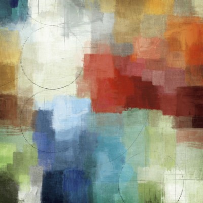 Tapet Seasons cu un design abstract modern, cu nuanțe vibrante de verde, albastru, roșu și galben.