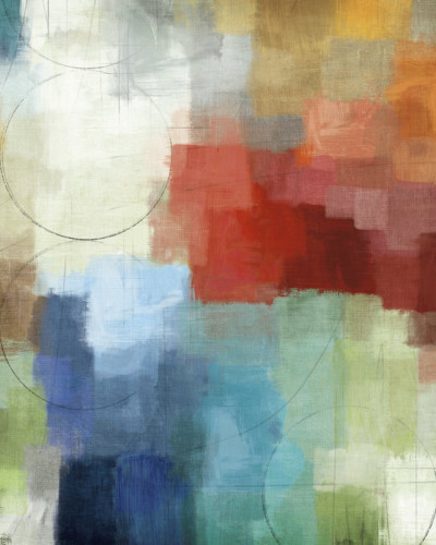 Tapet Seasons cu un design abstract modern, cu nuanțe vibrante de verde, albastru, roșu și galben.