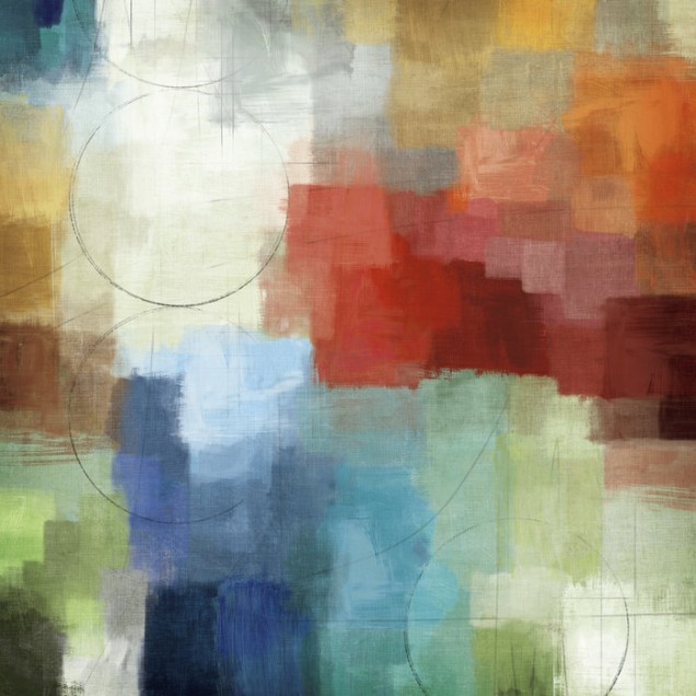 Tapet Seasons cu un design abstract modern, cu nuanțe vibrante de verde, albastru, roșu și galben.