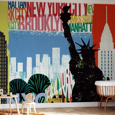 Tapet cu design vibrant inspirat de New York, care prezintă Statuia Libertății, clădirile zgârie-nori și taxiuri galbene.