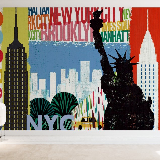 Tapet cu design vibrant inspirat de New York, care prezintă Statuia Libertății, clădirile zgârie-nori și taxiuri galbene.