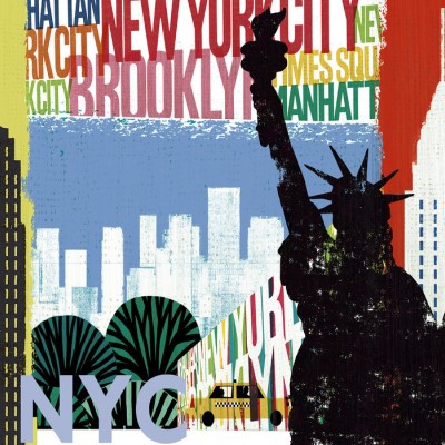 Tapet cu design vibrant inspirat de New York, care prezintă Statuia Libertății, clădirile zgârie-nori și taxiuri galbene.
