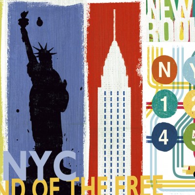 Tapet modern New York City Life II cu Statuia Libertății, zgârie-nori și metroul aglomerat.