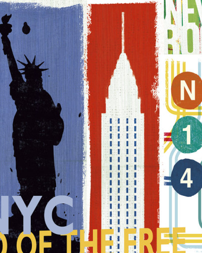 Tapet modern New York City Life II cu Statuia Libertății, zgârie-nori și metroul aglomerat.