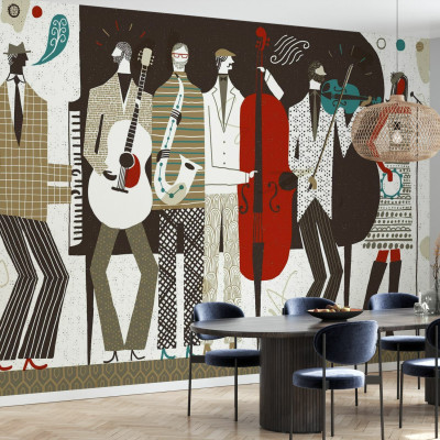 The Band wallpaper, ilustrating a retro band. This wallpaper is perfect for adding a touch of color and style to your room. It can be used in the living room, bedroom or office.