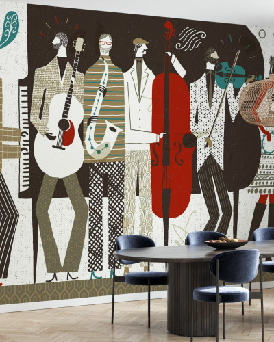 The Band wallpaper, ilustrating a retro band. This wallpaper is perfect for adding a touch of color and style to your room. It can be used in the living room, bedroom or office.